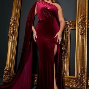 Burgundy Velvet off shoulder thigh slit maxi gown